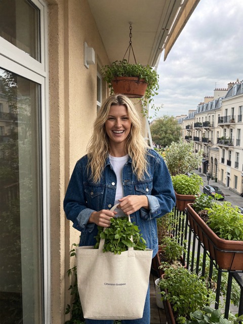 Sloane on a balcony with groceries